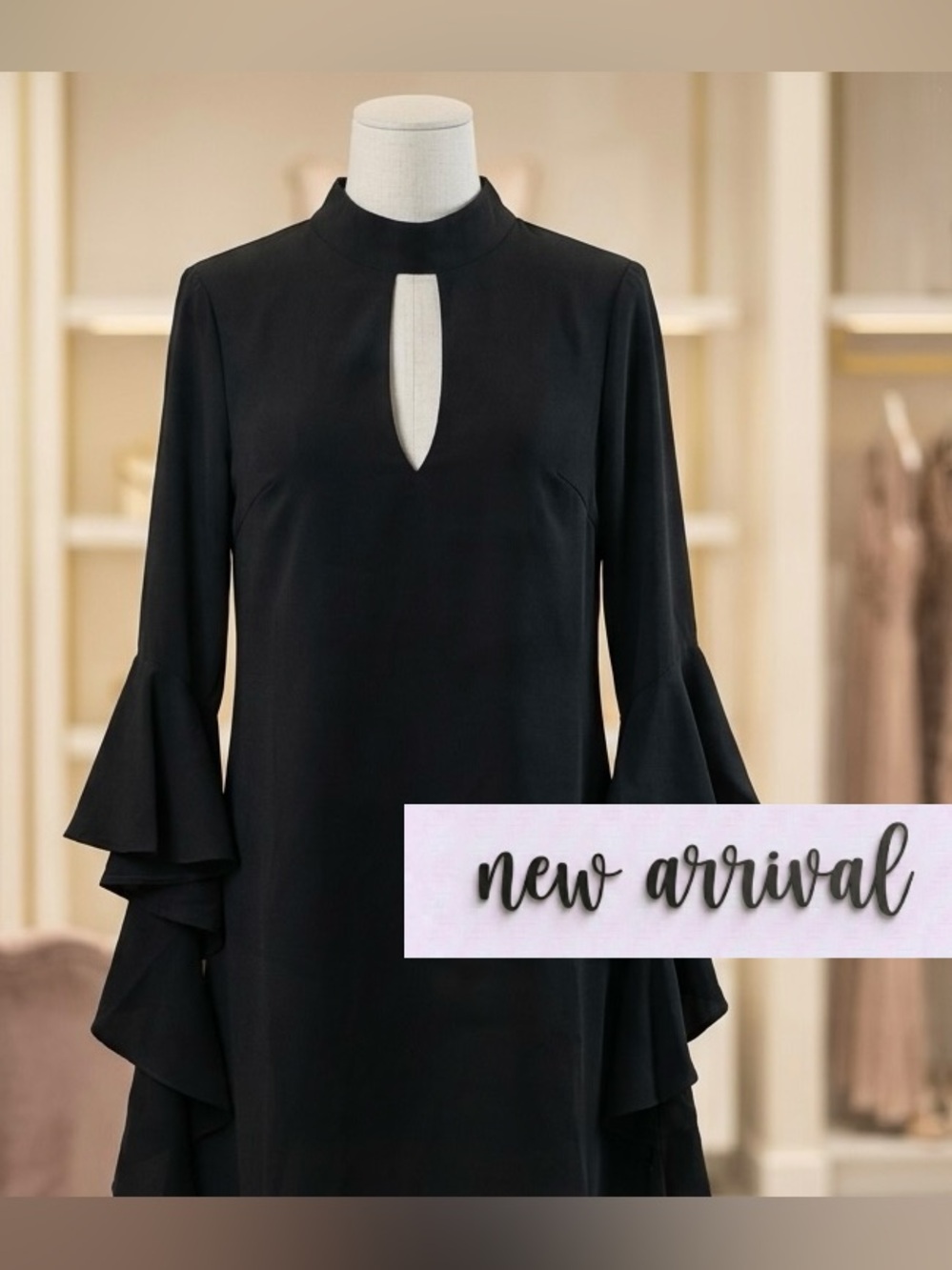 NWOT Black Ruffle-Sleeve Keyhole Shift Dress